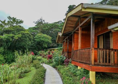 Wooden cabin with a balcony surrounded by lush greenery and a paved path leading up to it.