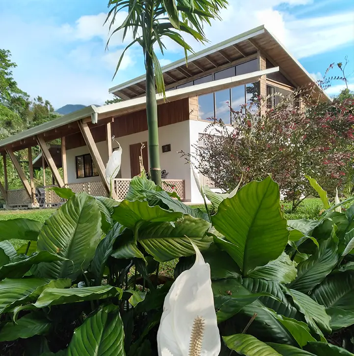 A modern two-story house with a large porch, surrounded by lush greenery and flowering plants under a clear blue sky, is an ideal choice on where to stay in Costa Rica.