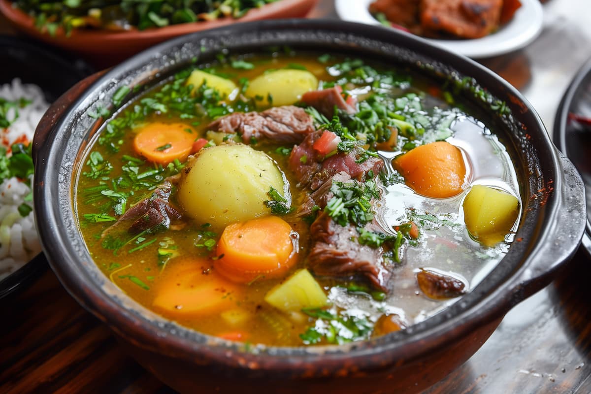 Caldo de Carne Costa Rican food: A bowl of stew containing meat, carrots, potatoes, and garnished with chopped fresh herbs.